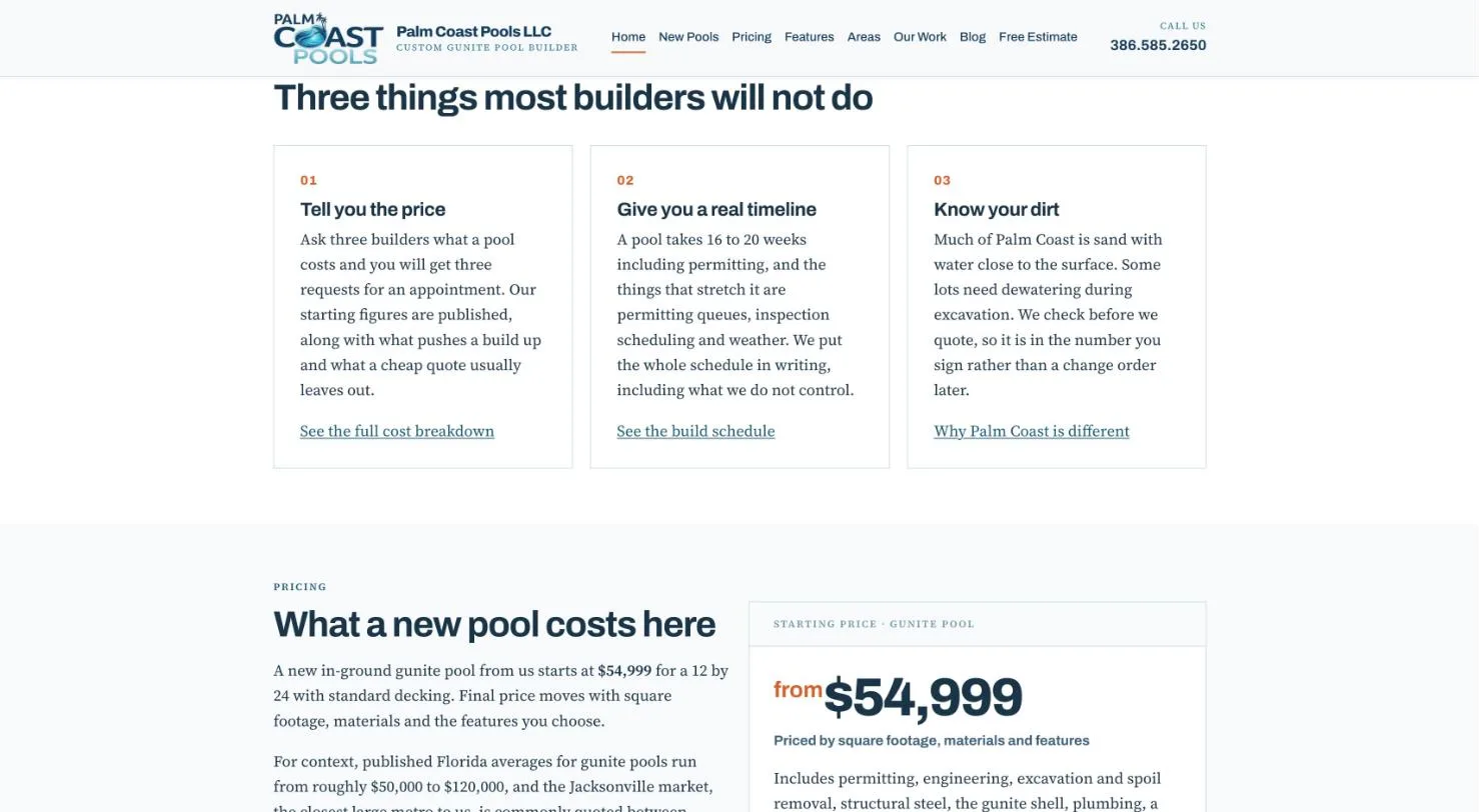 Palm Coast Pools website section